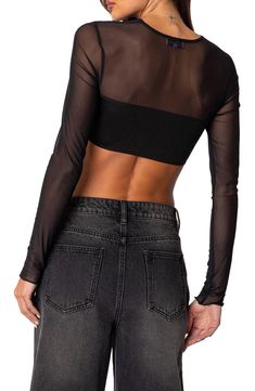 An illusion neckline and sheer sleeves are the standout features of this tummy-baring crop top with a lined and gathered bust. Jewel neck Long Sleeves Partially lined 95% polyester, 5% spandex Machine wash, dry flat Imported Illusion Neckline, Neck Crop Top, Jewel Neck, Sheer Sleeves, Night Out, Crop Top, Long Sleeves, Nordstrom, Spandex