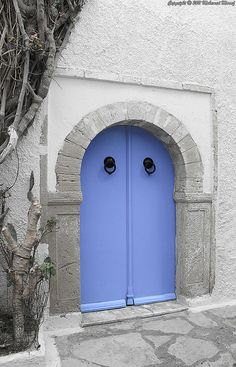 a blue door is in the middle of a white building with an arch and tree