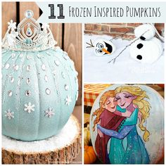 frozen inspired pumpkins with snowmen and princesses painted on them