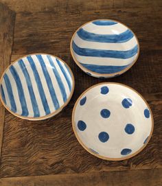 three blue and white plates sitting on top of a wooden table