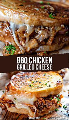 Two close up image of BBQ Chicken grilled cheese sandwiches on a wooden surface. Bbq Chicken Grilled Cheese, Chicken Grilled Cheese, Cheese Game, Sandwhich Recipes, Chicken Grilled, Havarti Cheese, Grilled Bbq Chicken, Grilled Cheese Sandwiches, Havarti