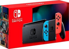 two nintendo switch controllers are shown in front of a red box