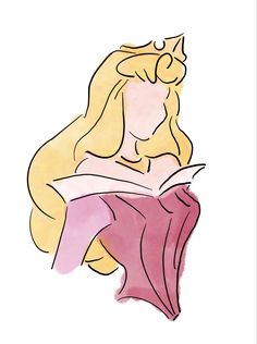 a drawing of a woman with long blonde hair wearing a pink dress and holding a book