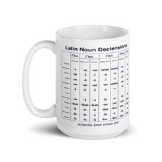 a white coffee mug with latin num decals on it