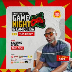 a man sitting on top of a chair in front of a game night poster with the caption, this friday