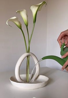 a white vase with flowers in it being held by someone's hand over the edge