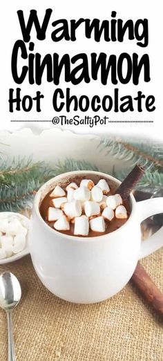 hot chocolate in a mug with marshmallows and cinnamon on the side, next to a spoon