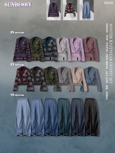 an info sheet shows the different types of clothing for men and women in various colors