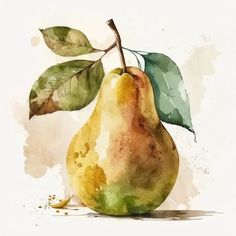 a watercolor painting of a pear with green leaves