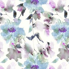 a watercolor painting of flowers on a white background with blue and purple colors in the middle