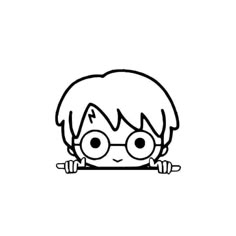 a black and white drawing of a boy with glasses on his head holding a bar