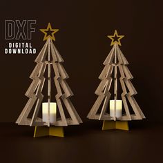 two wooden christmas trees with lit candles on them and the text dxf digital download