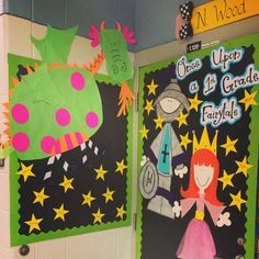 two bulletin boards decorated with children's artwork