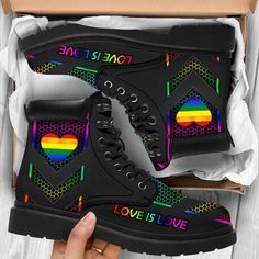 Lgbt Love Is Love Tbl Boots 2 - Christian Shoes For Men And Women Jesus Shoes, Christian Shoes, Printed Boots, Lgbt Love, Black Gums, Boot Print, Love Is Love, High Quality Shoes, Designer Boots