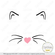 a cat's face with pink heart in the center and eyes, on a white background