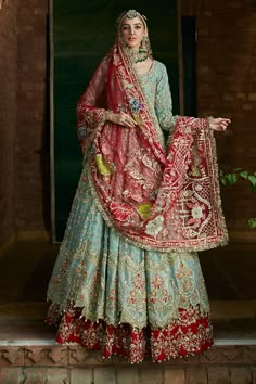 Pakistani Lehenga Wedding, Ali Xeeshan Bridal, Pearl Work Lehenga, Tilla Embroidery, Ali Xeeshan, Pastel Teal, Latest Bridal Lehenga, Pearl Work, Asian Bridal Dresses