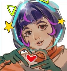 a drawing of a girl with purple hair and green gloves holding a red heart in her right hand