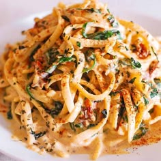 a white plate topped with pasta covered in sauce and spinach leafy garnish