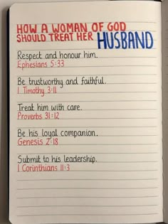 a notebook with the words how a woman of god should treat her husband