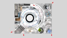 an overhead view of a circular building with various parts labeled in red and green arrows