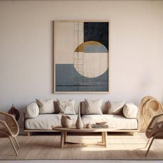 a living room filled with furniture and a painting on the wall