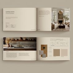 an open book showing the inside pages of a kitchen and living room with furniture in it