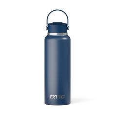 thermos water bottle is shown in blue and has a handle on one side