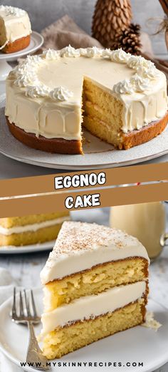 🎄 Indulge in the festive flavors of the season with this delightful Eggnog Cake! Moist and tender cake layers infused with rich eggnog and warm spices, topped with creamy eggnog frosting. Perfect for holiday gatherings and sure to impress your guests! #myskinnyrecipes #EggnogCake #HolidayBaking #ChristmasDesserts #FestiveTreats 🍰 Eggnog Cake Pops, Spiced Eggnog Cake, Egg Nog Cake Recipes, Eggnog Recipes Desserts, Egg Nog Cheesecake Recipe, Egg Nog Desserts Recipes, Winter Cake Recipes, Eggnog Bars, Eggnog Dessert Recipes