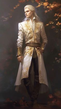 a man dressed in white and gold standing next to leaves