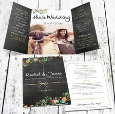 two wedding cards on top of each other with the same photo and text in it