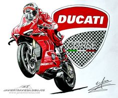 a drawing of a person on a motorcycle in front of a ducati sign and logo