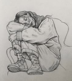 a drawing of a person sitting on the ground with their head resting on his hands