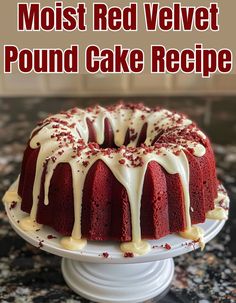 a red velvet pound cake with white icing on a plate and the words, most red velvet pound cake recipe