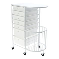 a white cart with drawers and wheels on it's sides, in front of a white background