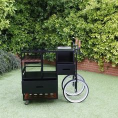 a bike with a cart attached to it sitting in front of some bushes and shrubbery