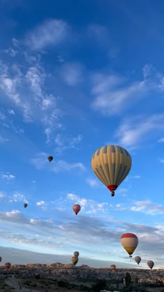 many hot air balloons flying in the sky