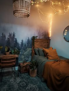 a bedroom decorated with string lights and wood furniture