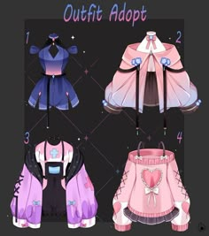 four different types of clothes with the words, outfit adopt 2 and 3 on them