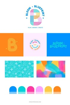 the logo for bloom and blueprint is shown in different colors, including pink, orange,