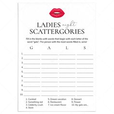 Ladies Night Scattergories Game Printable by LittleSizzle Ladies Night Games Free Printable, Girls Night Activities, Scattergories Game, Girls Night Games, Ladies Night Party, Christmas Place Cards, Girls Night In, New Year Goals