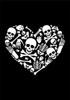 a heart made up of skulls and bones on a black background with the word love written in