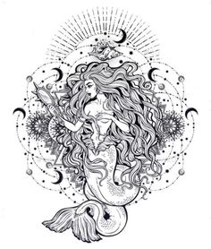 a beautiful mermaid with long hair and stars on her head - tattoos objects / art