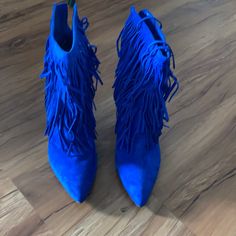 Steve Madden Never Worn Fringe Booties. 8.5 Blue Almond Toe Boots, Spring Blue Booties, Chic Blue Pointed Toe Boots, Blue Round Toe Booties For Fall, Blue Ankle-high Booties For Spring, Blue Ankle-high Booties For Fall, Blue Closed Toe Boots For Party, Blue Closed Toe Boots For Fall, Blue Closed Toe Party Boots