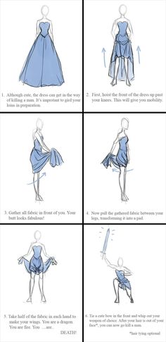 the instructions for how to wear a blue dress in different directions, including step by step