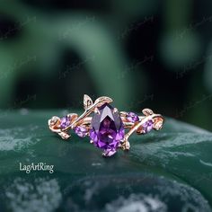 Pear cut Natural Amethyst Engagement ring 14K Rose Gold Promise Ring for her Twist Leaf Ring Purple Crystal Ring Jewelry Anniversary gifts Ring Details: - Theme:Romantic Wedding & Engagement - comfortable band - Stone:6*8mm natural  amethyst  Side stones: amethyst - Total weight: 0.034ctw (High Quality) - ring band width :1.5mm - ring thicknesses:1.2mm Wedding band:lab created alexandrite Total weight:0.06ctw - Band width: 1.5 m - Band thickness: 1.2 mm - Metal choose:925 silver,10k or 14k or 18 Elegant Teardrop Amethyst Wedding Ring, Elegant Pear-shaped Amethyst Promise Ring, Formal Amethyst Pear-shaped Ring, Pear-shaped Amethyst Ring As Gift, Elegant Pear-shaped Amethyst Ring, Purple Engagement Ring, Crystal Wedding Ring, Purple Wedding Rings, Amethyst Jewelry Ring