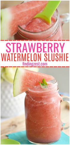 strawberry watermelon slushie in a mason jar