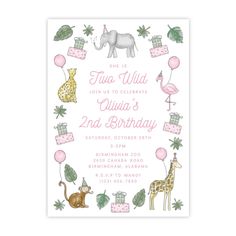 a pink and green birthday party with giraffes, zebras, elephant, flaming