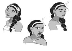 an animation character's face with different expressions and hair styles, including the headdress