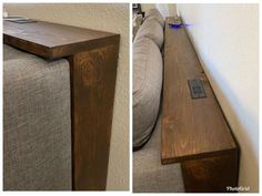 two pictures of a couch with a wooden shelf on the top and bottom, in different stages of being built