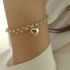 "\"Thick Rolo Chain, Heart Charm, 14k Gold Bracelet | Fine Jewelry in Love Puffy Heart Minimalist Bracelet for Everyday Use | Gift for Her\" P R O P E R T I E S The best finishing touch to every ensemble is our classic 14k gold rolo chain bracelet with a chic heart charm. It's stunning on its own, but it's also great with other bracelets for a more impressive look. This lovely charm bracelet is a timeless look that will be a go-to piece of your jewelry collection for decades to come. * Material: Dainty Heart Bracelet For Valentine's Day, Everyday Charm Bracelet With Heart Charm, Double Heart Bracelet For Mother's Day, Elegant Everyday Charm Bracelet For Valentine's Day, Tarnish Resistant Charm Bracelet For Anniversary, Minimalist Heart Bracelet For Valentine's Day Gift, Everyday Heart Bracelet For Valentine's Day, Elegant Heart Charm Bracelet For Gift, Minimalist Heart Bracelets As Gift For Her